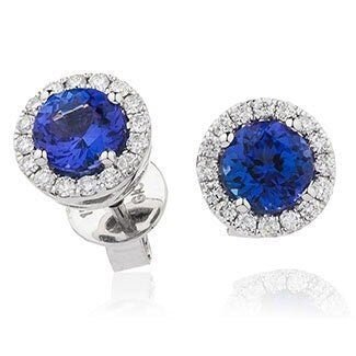 18ct White Gold Tanzanite & Diamond Halo Earrings, Captivating Elegance, 1.77ct, 9mm, Gift box included - Samuel Perry
