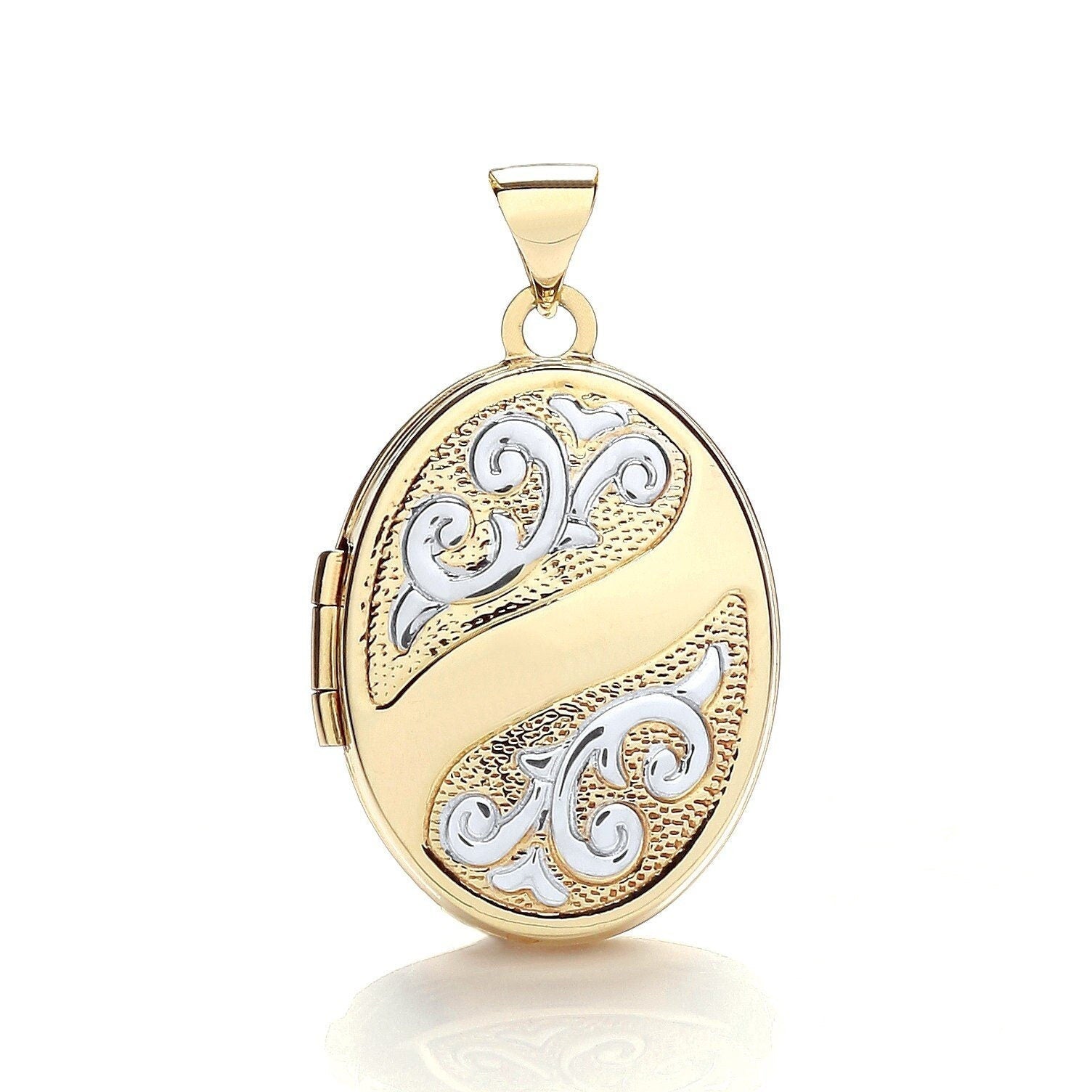 9ct 2-Colour Gold Elegant Oval Locket, Hand Engraved, 28mm, Chain Options 16" - 20", Gift box included - Samuel Perry