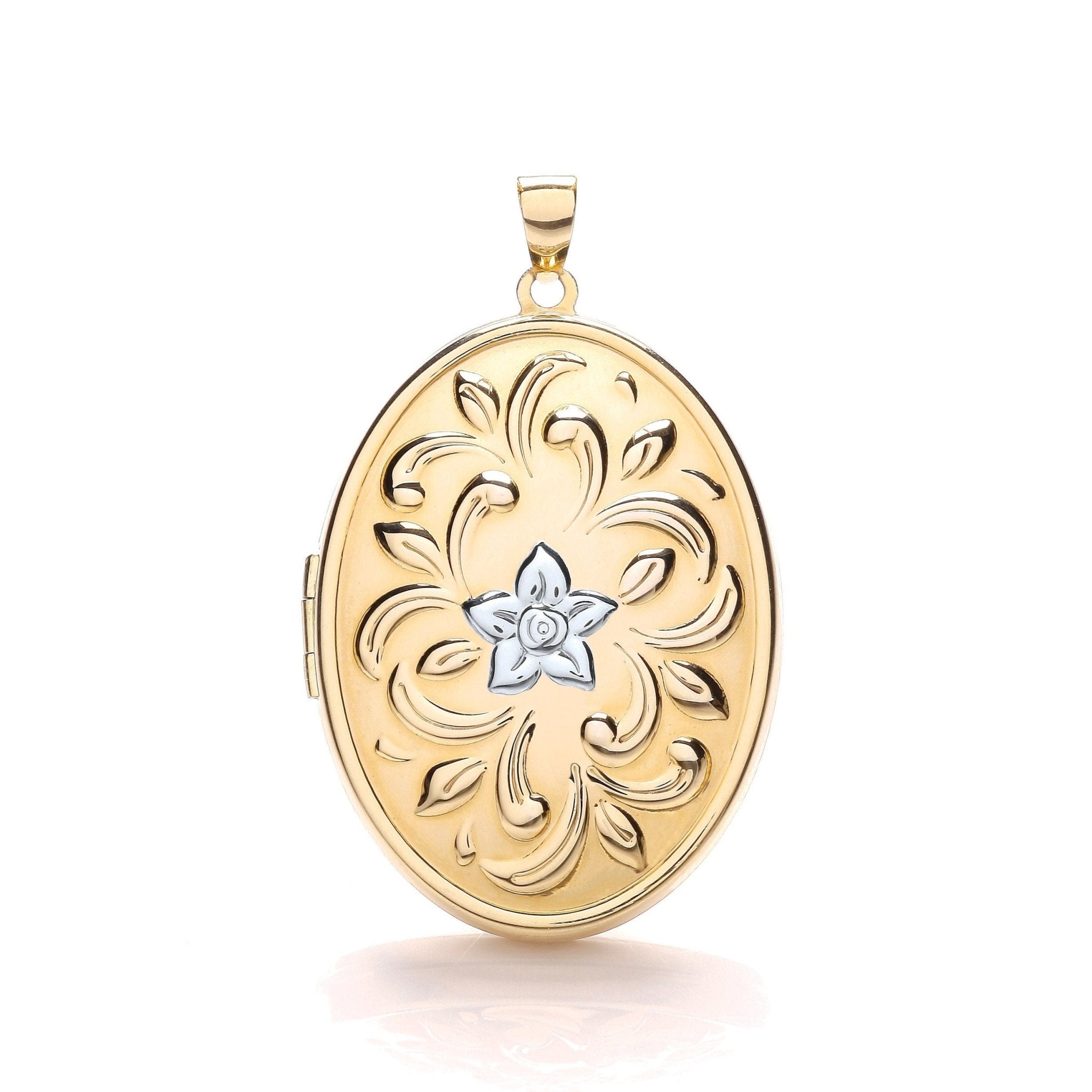 9ct 2-Colour Gold Floral XL Hand Engraved Oval Locket, 44mm, Chain Options 16" - 20", Gift box included - Samuel Perry