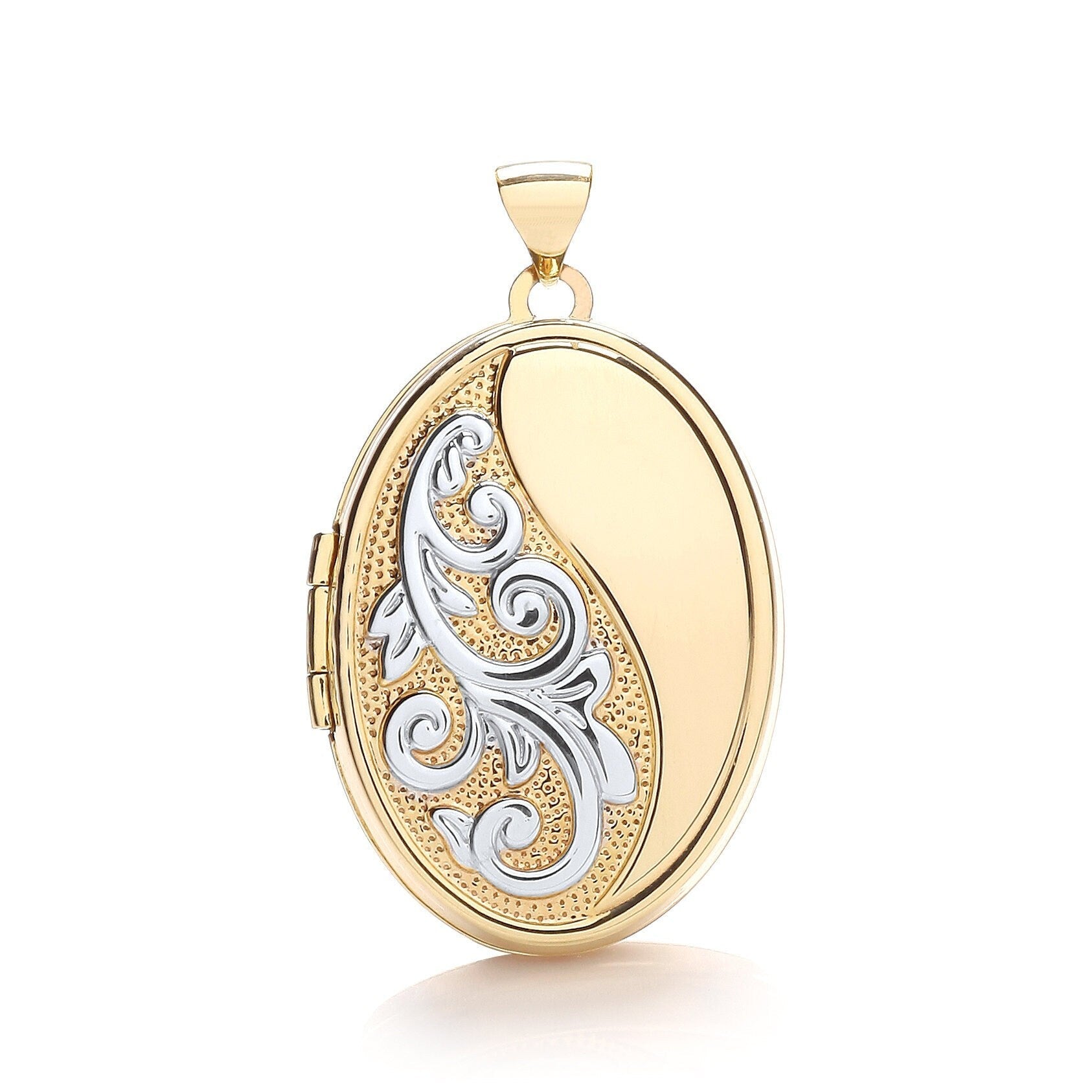 9ct 2-Colour Gold Large Oval Locket, Floral Hand Engraving, 33mm, Chain Options 16" - 20", Gift box included - Samuel Perry