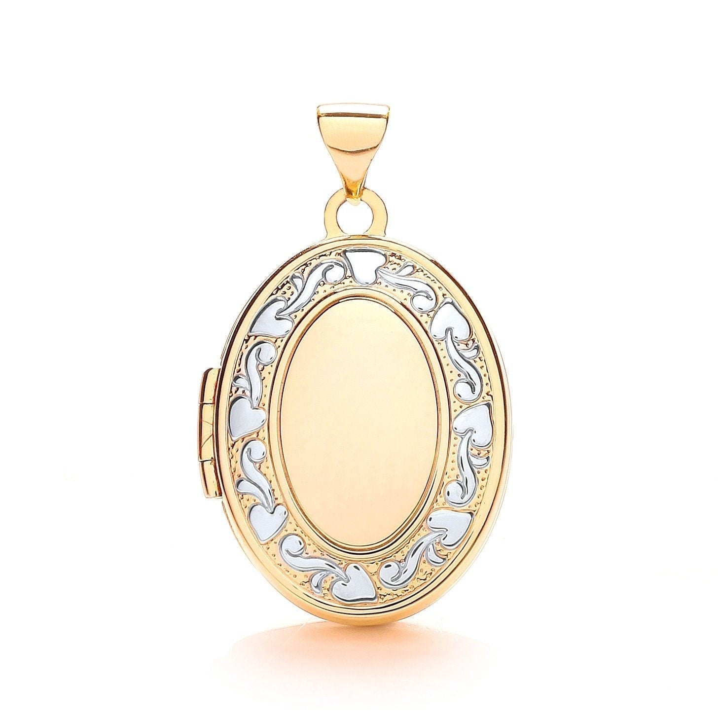 9ct 2-Colour Gold Oval Locket, Artful Hand Engraving, 28mm, Chain Options 16" - 20", Gift box included - Samuel Perry