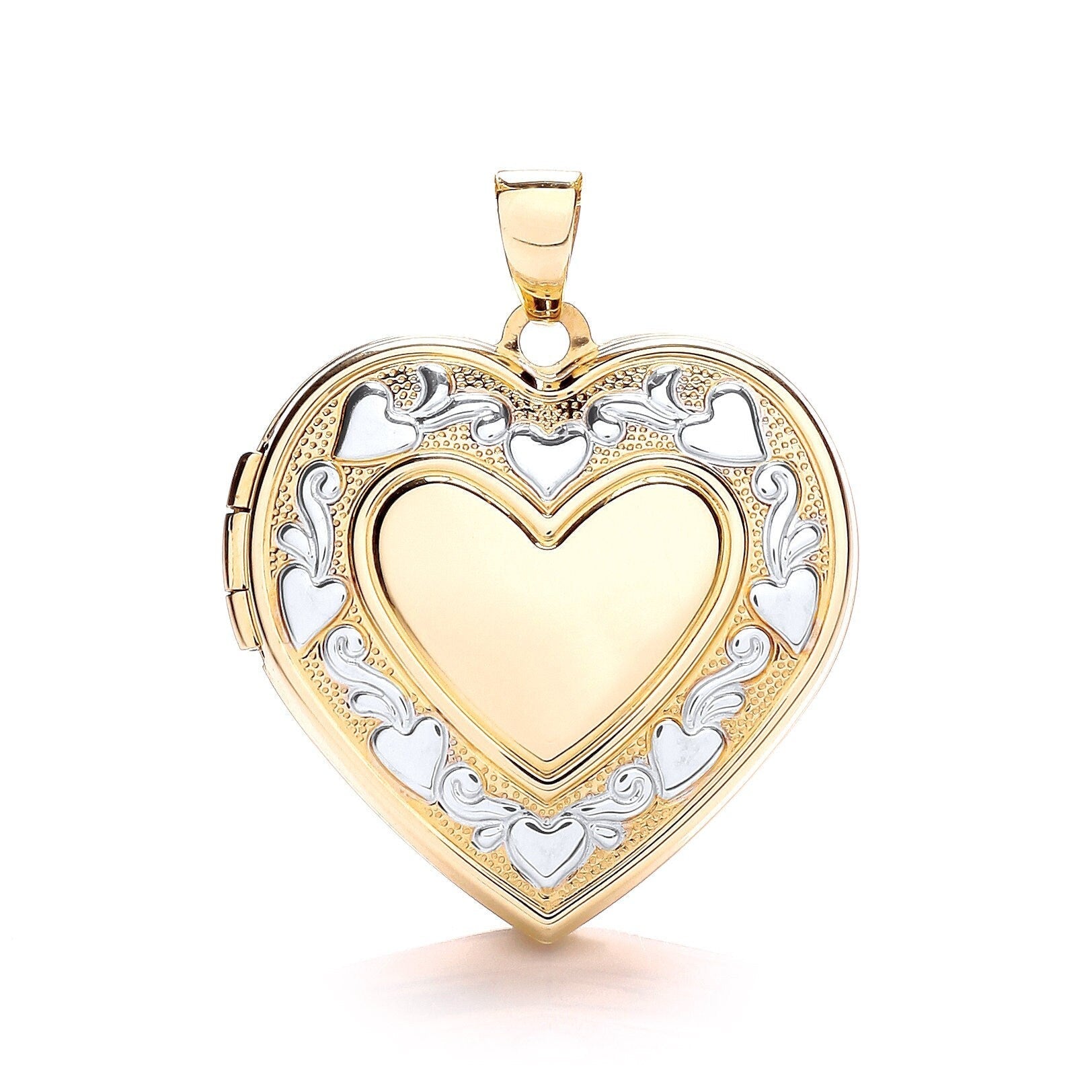 9ct 2-Colour Gold Photo Locket Pendant for Women, Hand Engraved Large Heart Shape, 31mm, 16" - 20", Elegant Gift Box - Samuel Perry