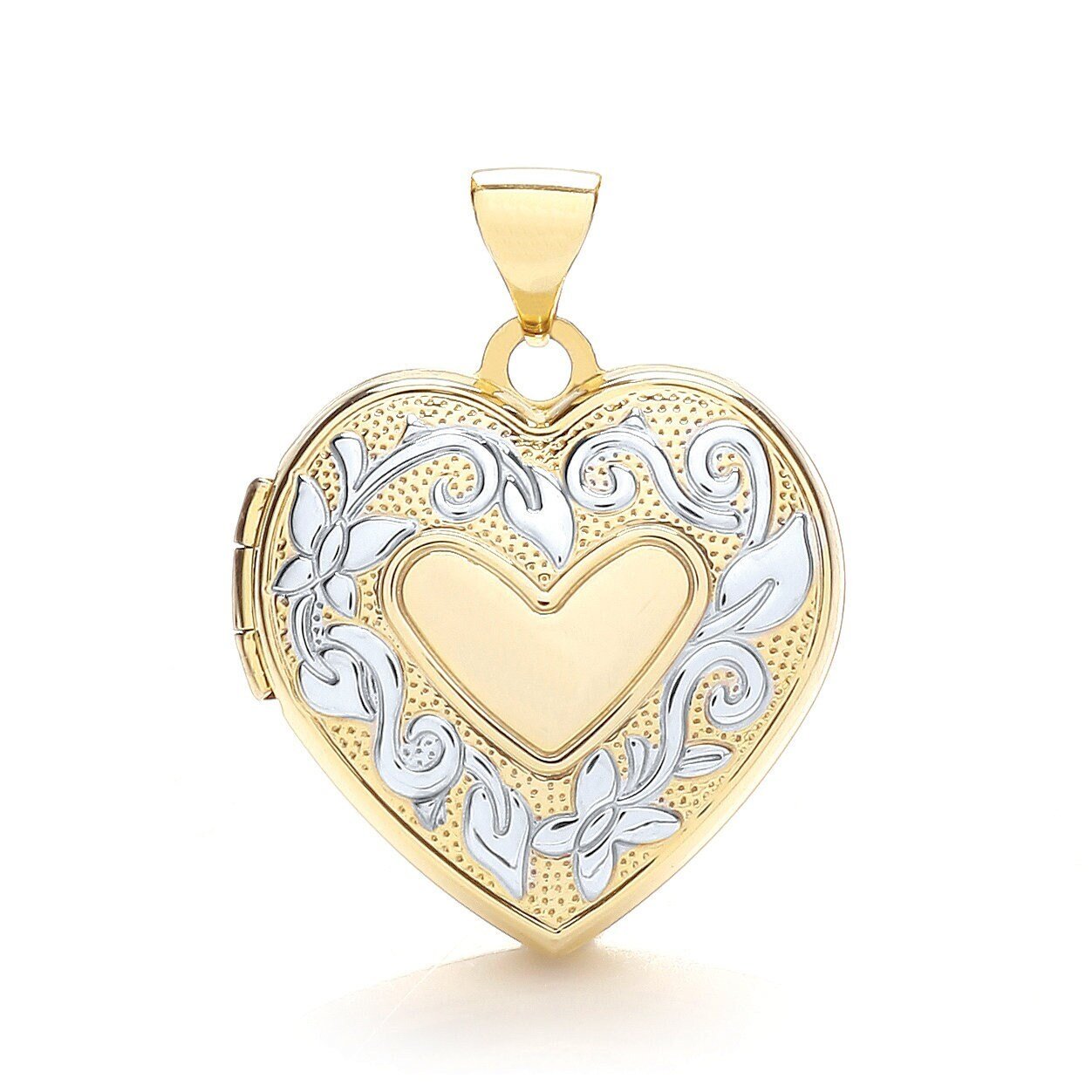 9ct 2-Colour Gold Photo Locket Pendant, Women's Hand Engraved Heart, 24mm, 16" - 20", Elegant Gift Box Included - Samuel Perry