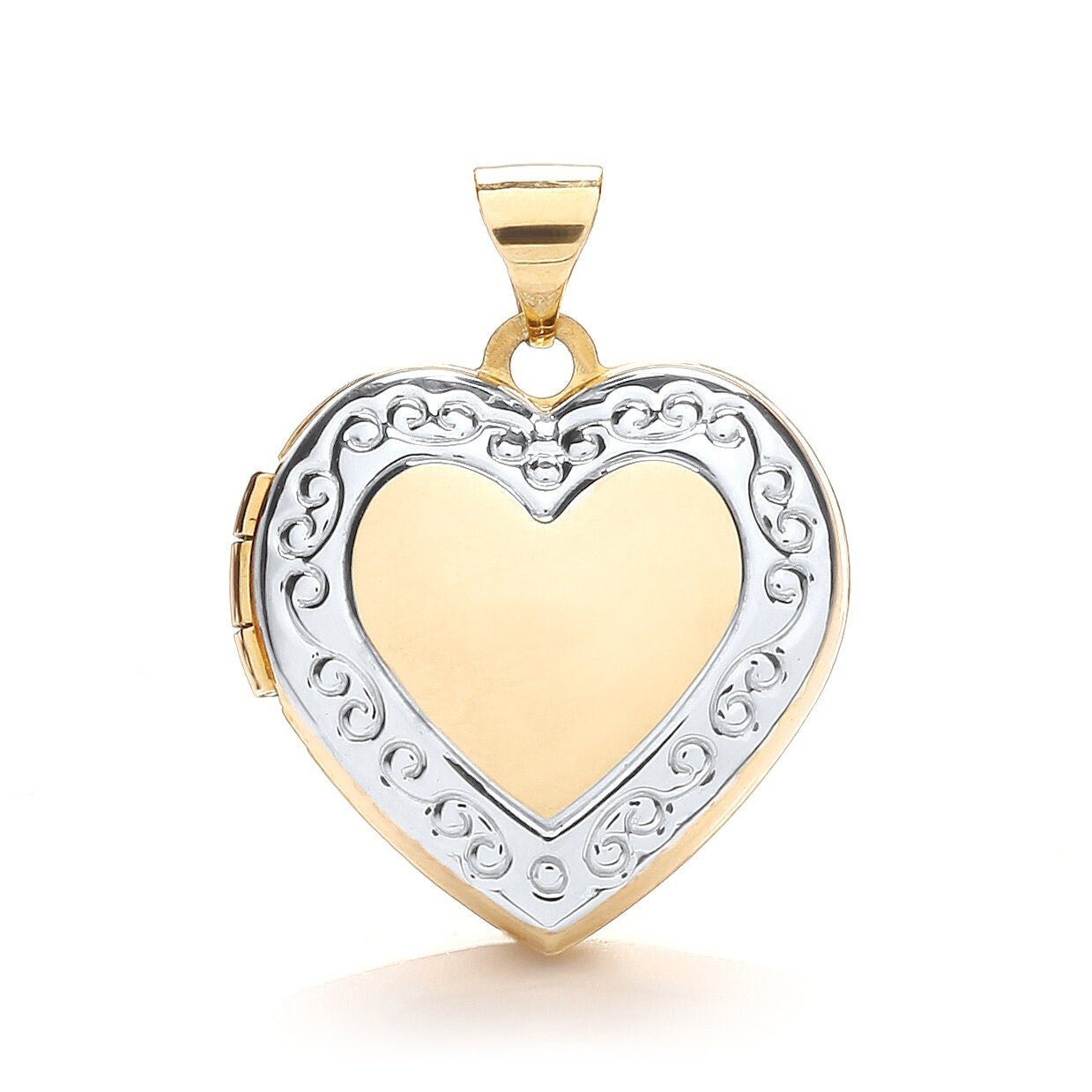 9ct 2-Colour Gold Photo Locket Pendant, Women's Hand Engraved Heart Shape, 24mm, 16" - 20", Premium Gift Box - Samuel Perry