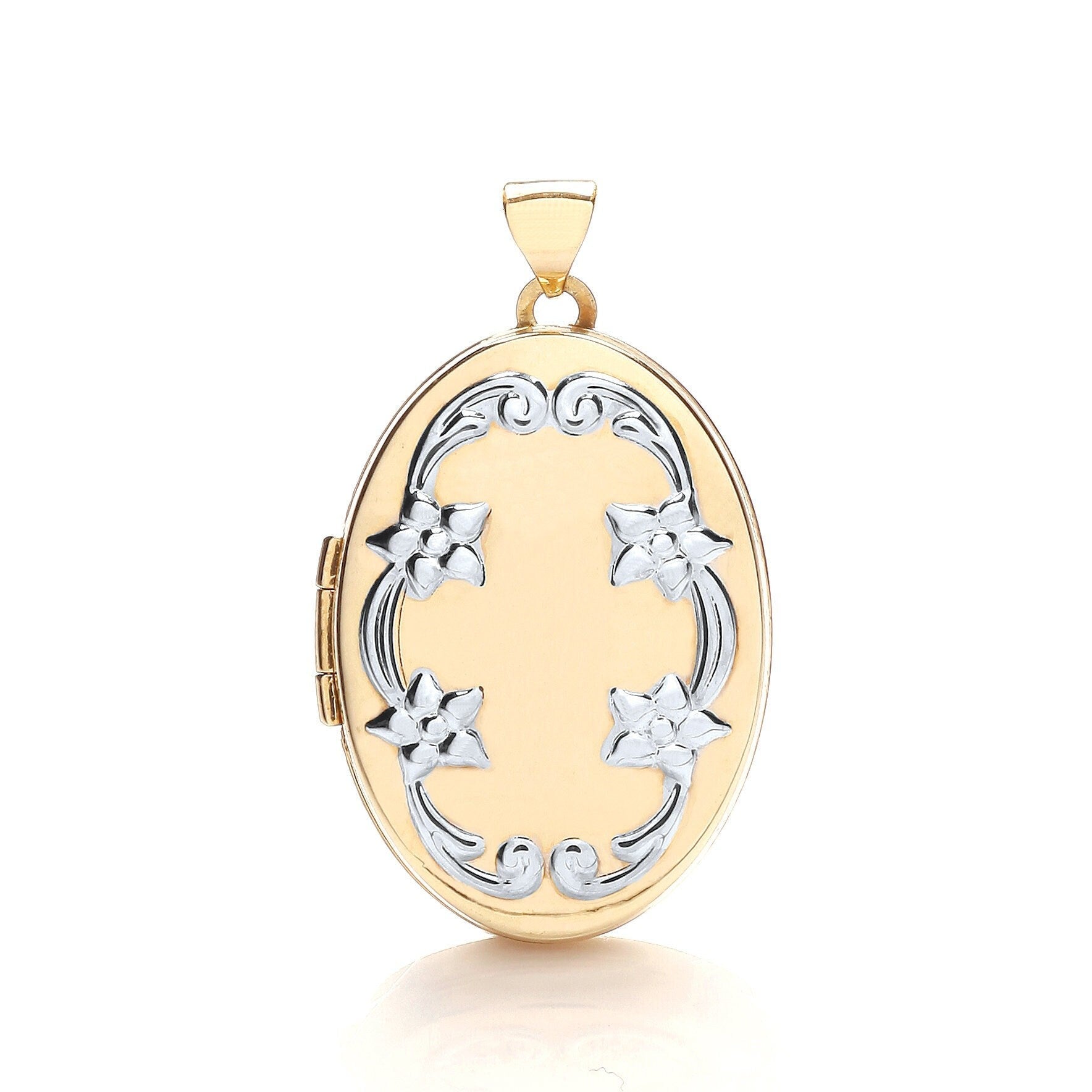 9ct 2-Colour Gold Photo Locket Pendant, Women's Hand Engraved Oval, Large, 33mm, 16" - 20", Premium Gift Box - Samuel Perry