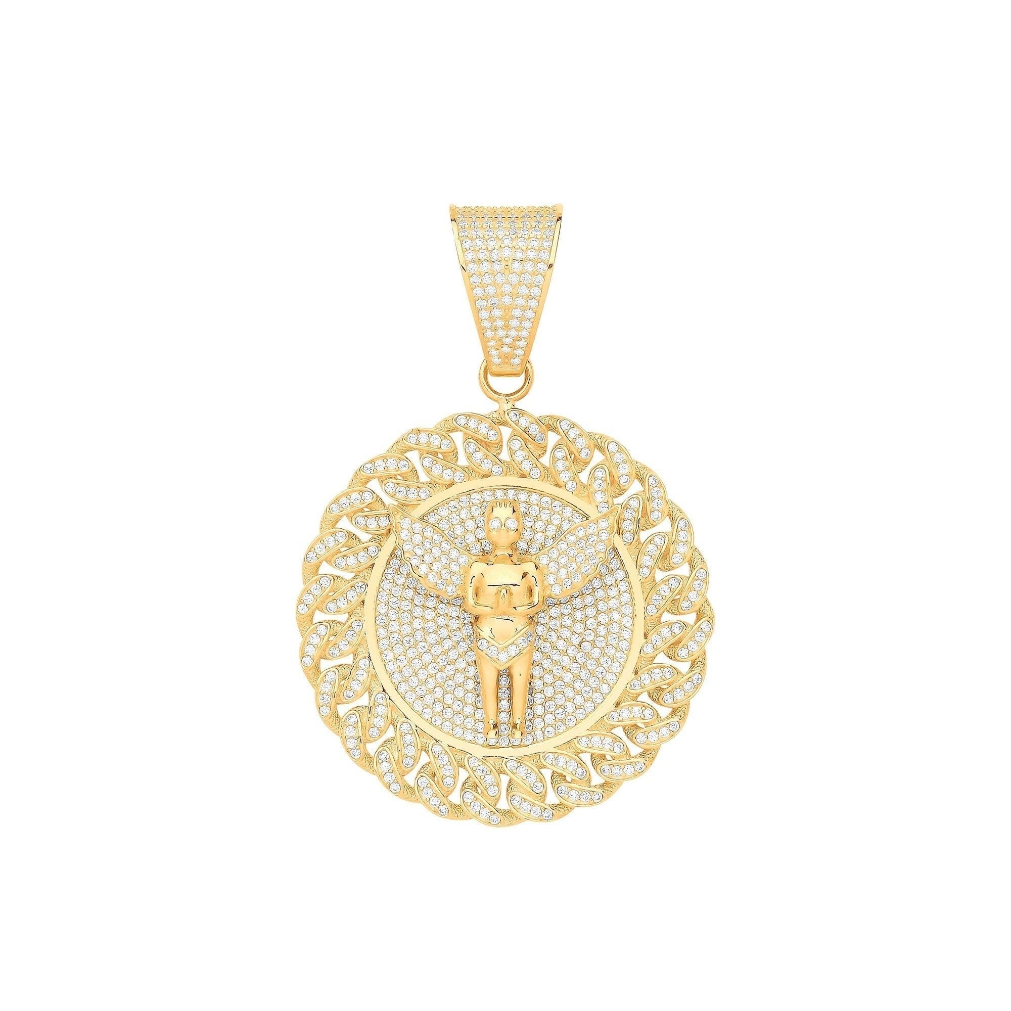 9ct Gold Angel Medallion Pendant Necklace, Unisex Spiritual Elegance, Majestic 43mm, 16.30g, 16-20" Chain, Gift Box Included - Samuel Perry