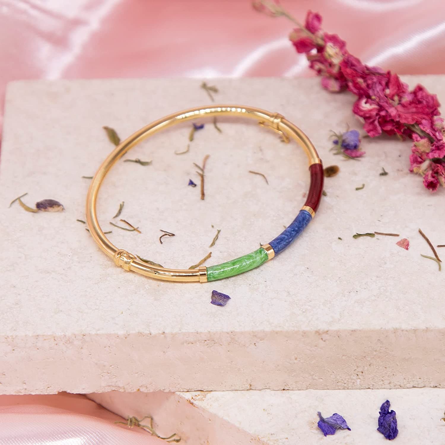 9ct Gold Bangle Women's - Vibrant Enamel - 4mm 7.5" 3.10g, Gift Box Included - Samuel Perry