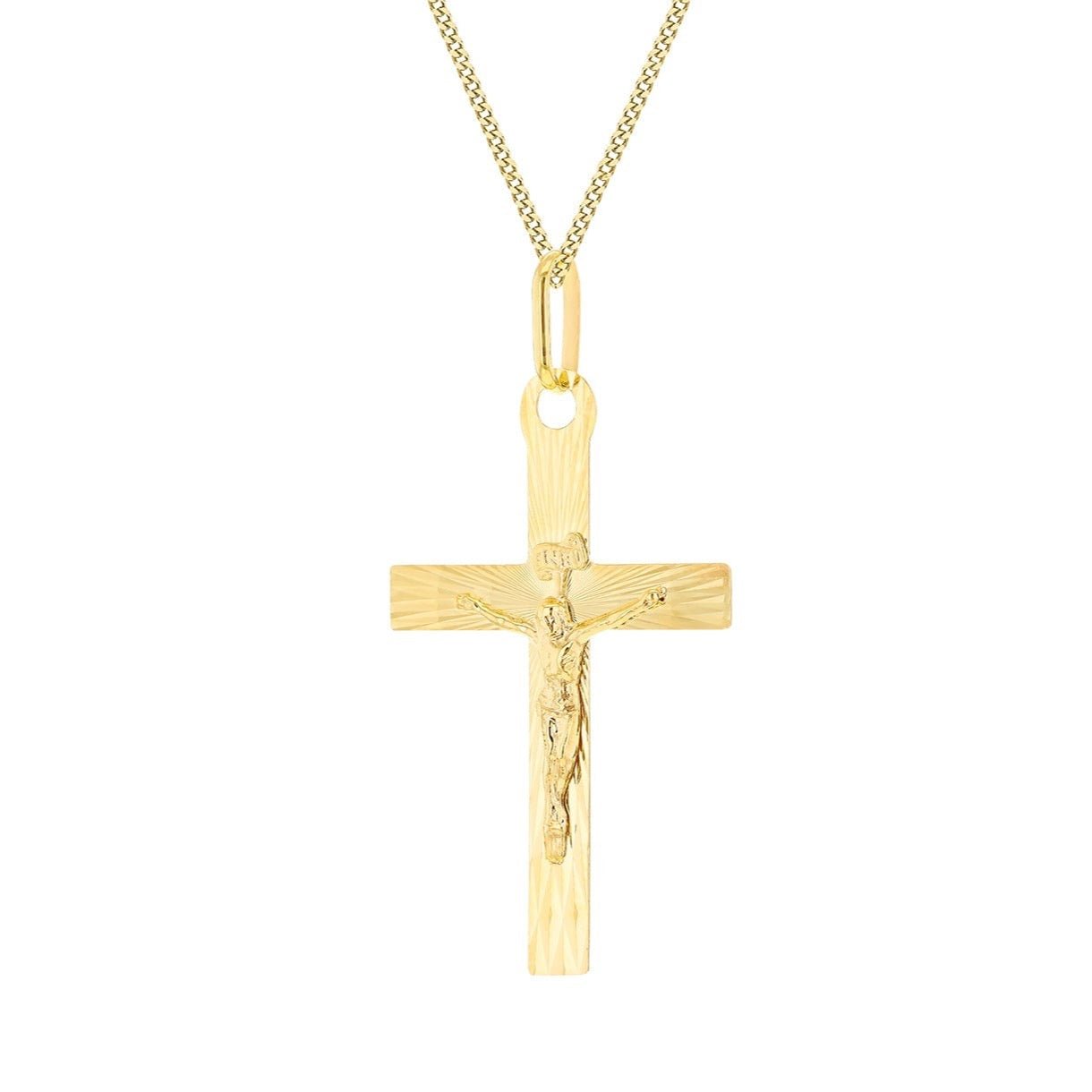 9ct Gold Crucifix Pendant, 40mm, Diamond Cut, 16" - 20" Chain Length Option - Samuel Perry
