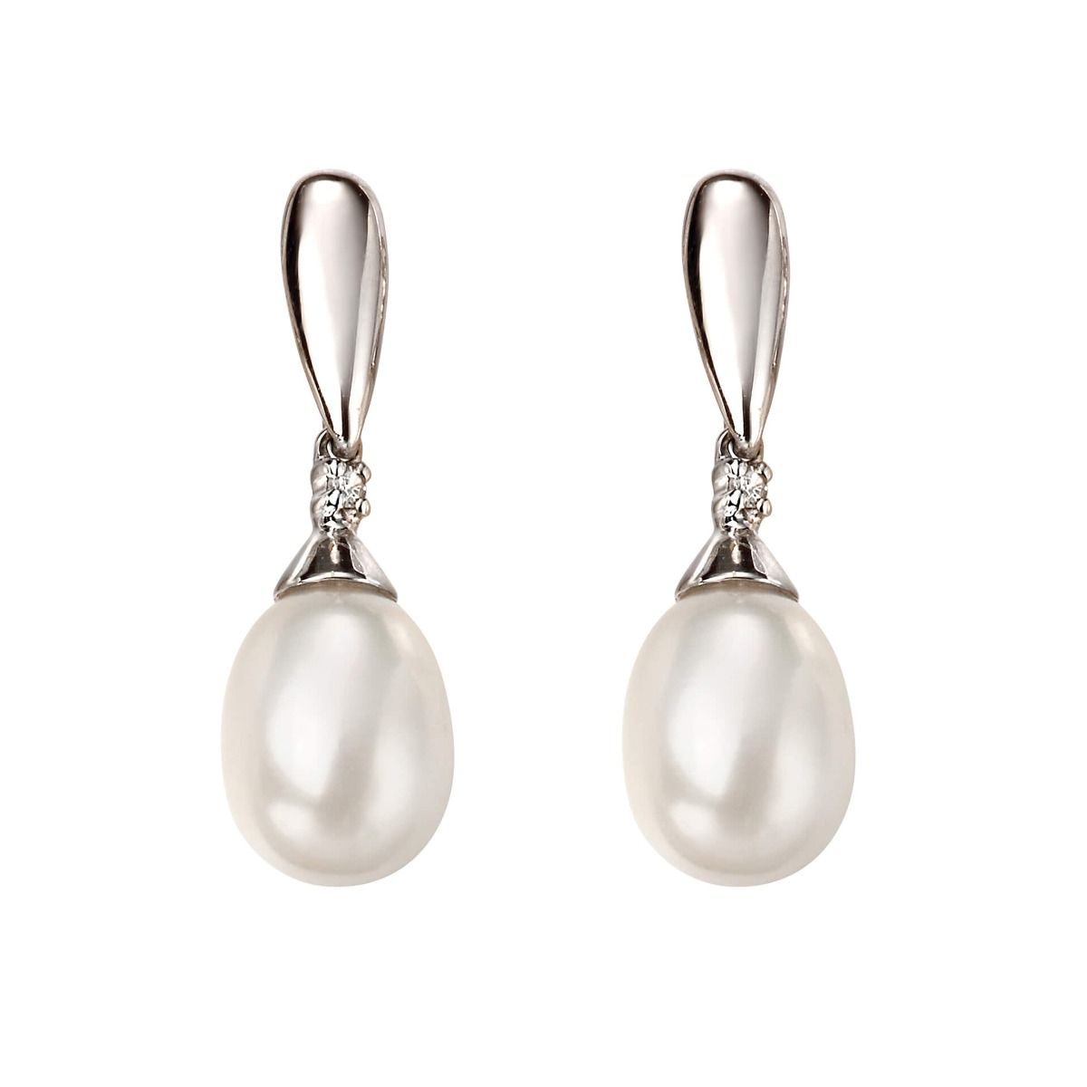 9ct Gold Diamond & White Freshwater Pearl Earrings - Samuel Perry