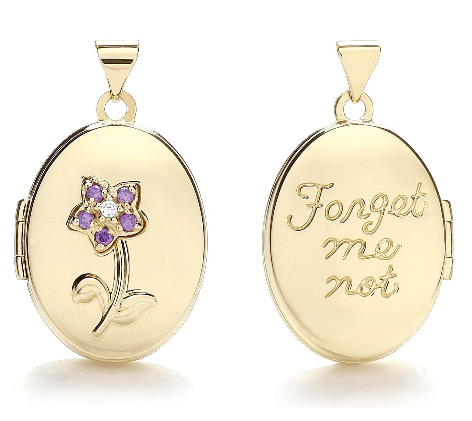 9ct Gold "Forget Me Not" Flower Oval Locket, Hand Engraved, 28mm, Chain Options 16" - 20", Gift box included - Samuel Perry