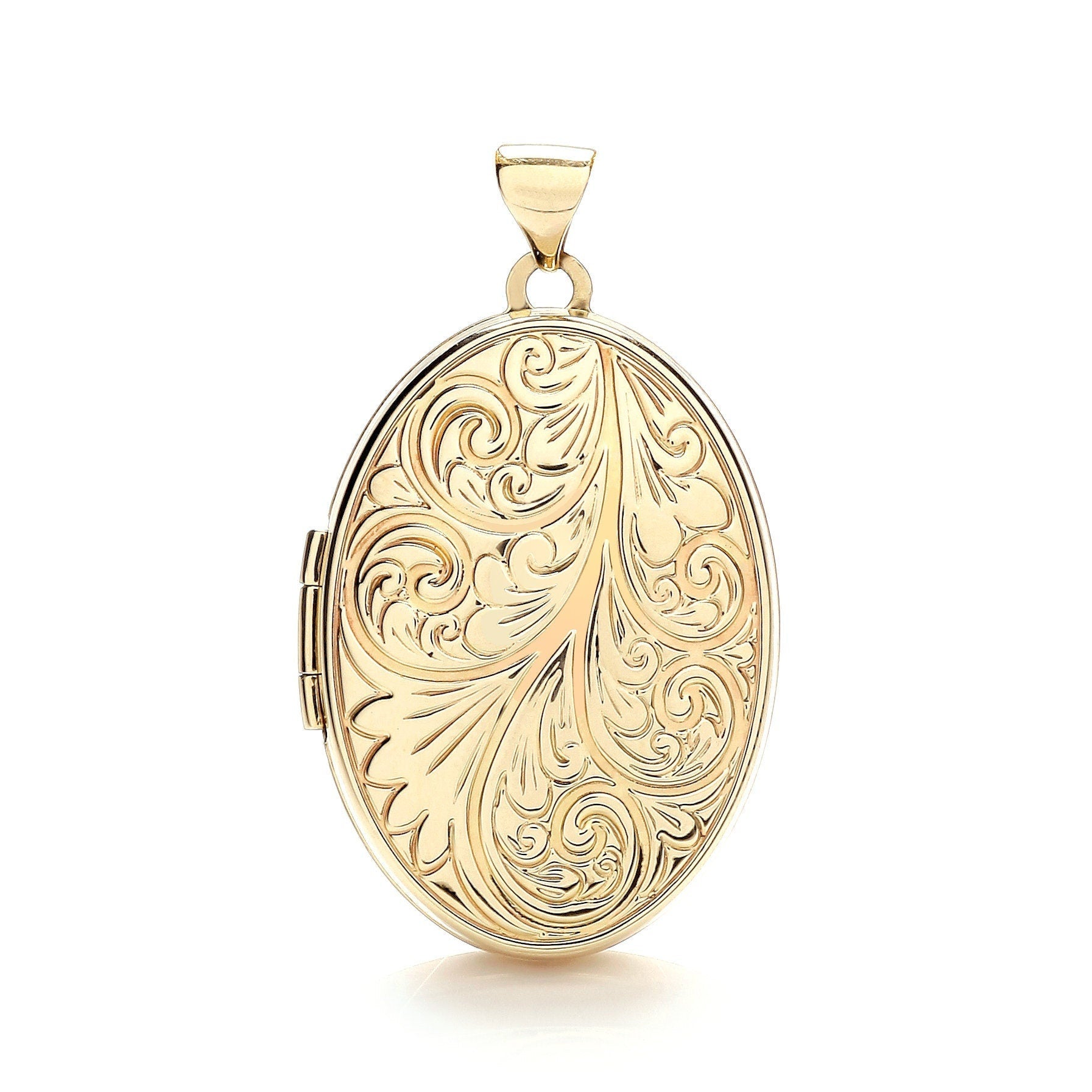 9ct Gold Large Oval Locket, Intricate Hand Engraving, 33mm, Chain Options 16" - 20", Gift box included - Samuel Perry