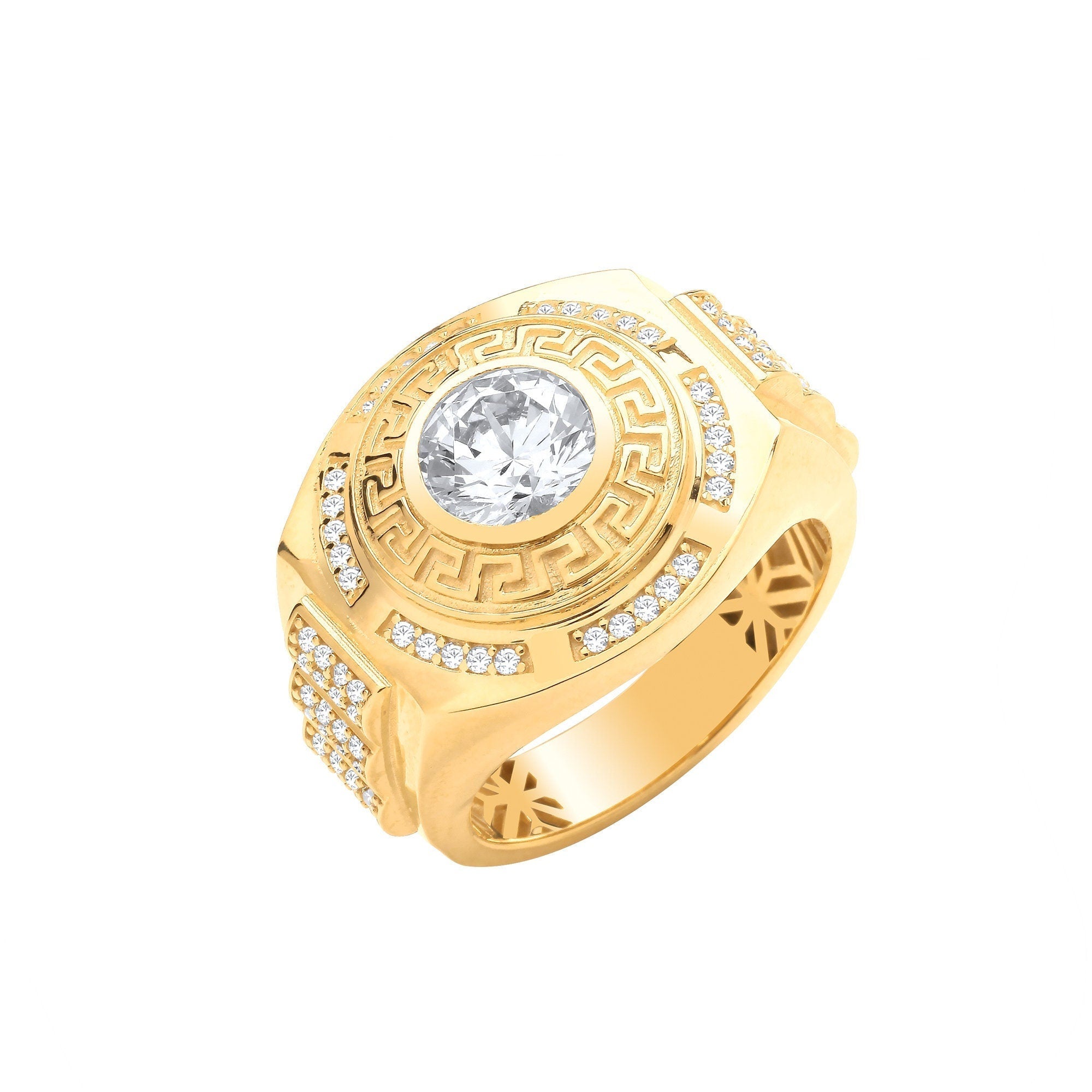 9ct Gold Men's Round Ring, Cubic Zirconia, 19mm, 7.50g, Dazzling Statement - Samuel Perry