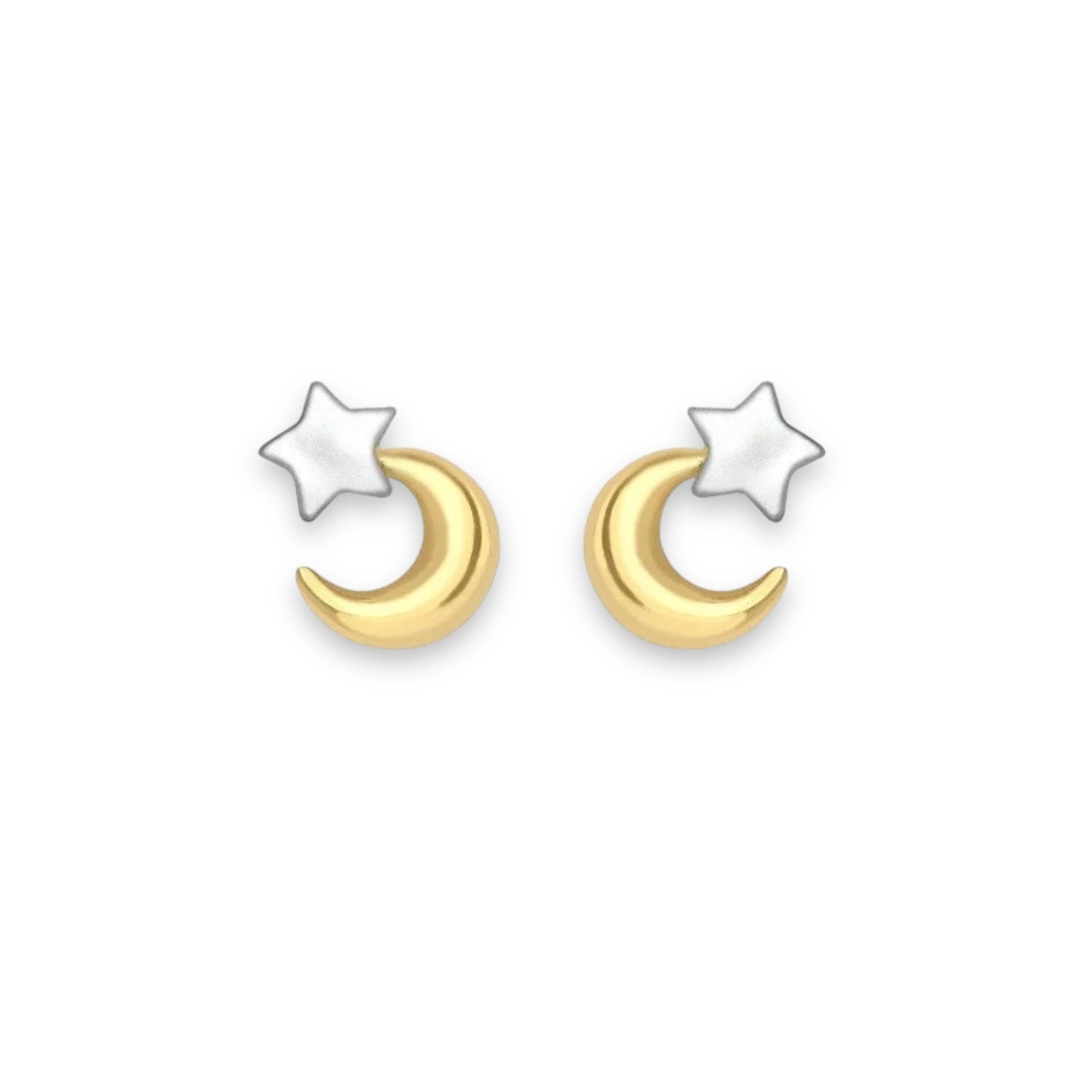 9ct Gold Moon and Star Stud Earrings - 8mm Size - 2-Colour Gold - Classic and Perfect for Everyday - Gift Box Included - Samuel Perry