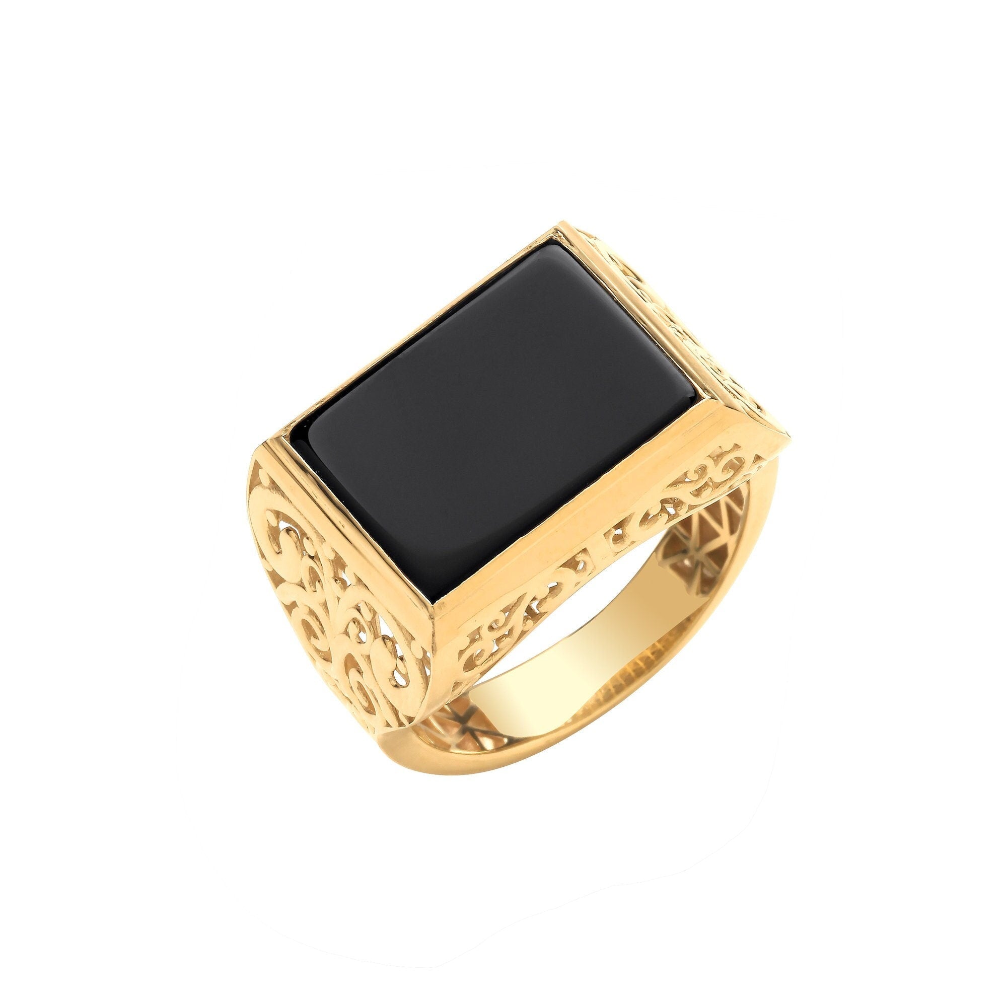 9ct Gold Onyx Rectangular Ring, 16mm, 6.40g, Statement Black Jewel, All Sizes - Samuel Perry