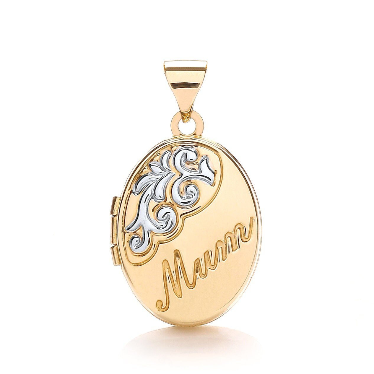 9ct Gold Photo Locket 'Mum' Pendant, Women's Hand Engraved Oval, 24mm, 16" - 20", Luxury Gift Box Included - Samuel Perry