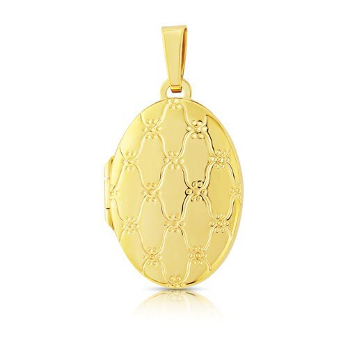 9ct Gold Photo Locket Pendant for Women, Engraved Oval Shape, 24mm, 18" Chain, Luxurious Gift Box - Samuel Perry