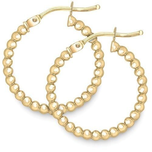9ct Gold Round Creole Beaded Hoops, Intricate Detail, 15mm, 1.30g, Gift box included - Samuel Perry