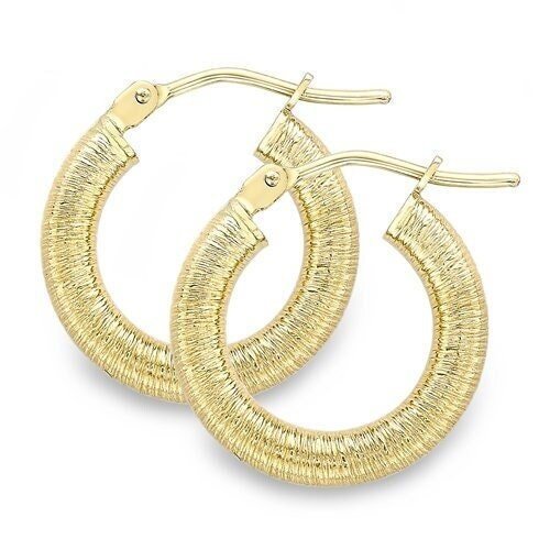 9ct Gold Round Creole Hoops, Brushed Wire Style, Unique 10mm, 1.00g, Gift box included - Samuel Perry