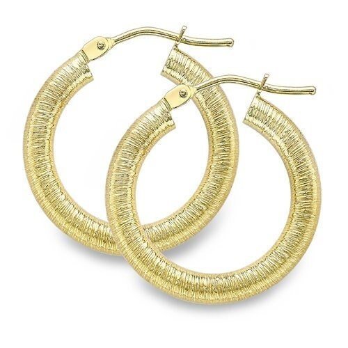 9ct Gold Round Creole Hoops, Brushed Wire Style, Unique 15mm, 1.30g, Gift box included - Samuel Perry