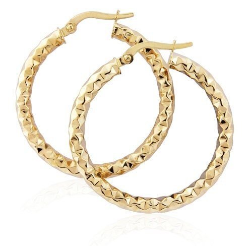9ct Gold Round Creole Hoops, Hammered Boho Style, Bold 25mm, 1.30g, Gift box included - Samuel Perry