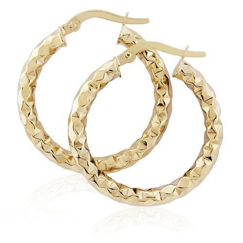 9ct Gold Round Creole Hoops, Hammered Style, Boho 15mm, 1.10g, Gift box included - Samuel Perry