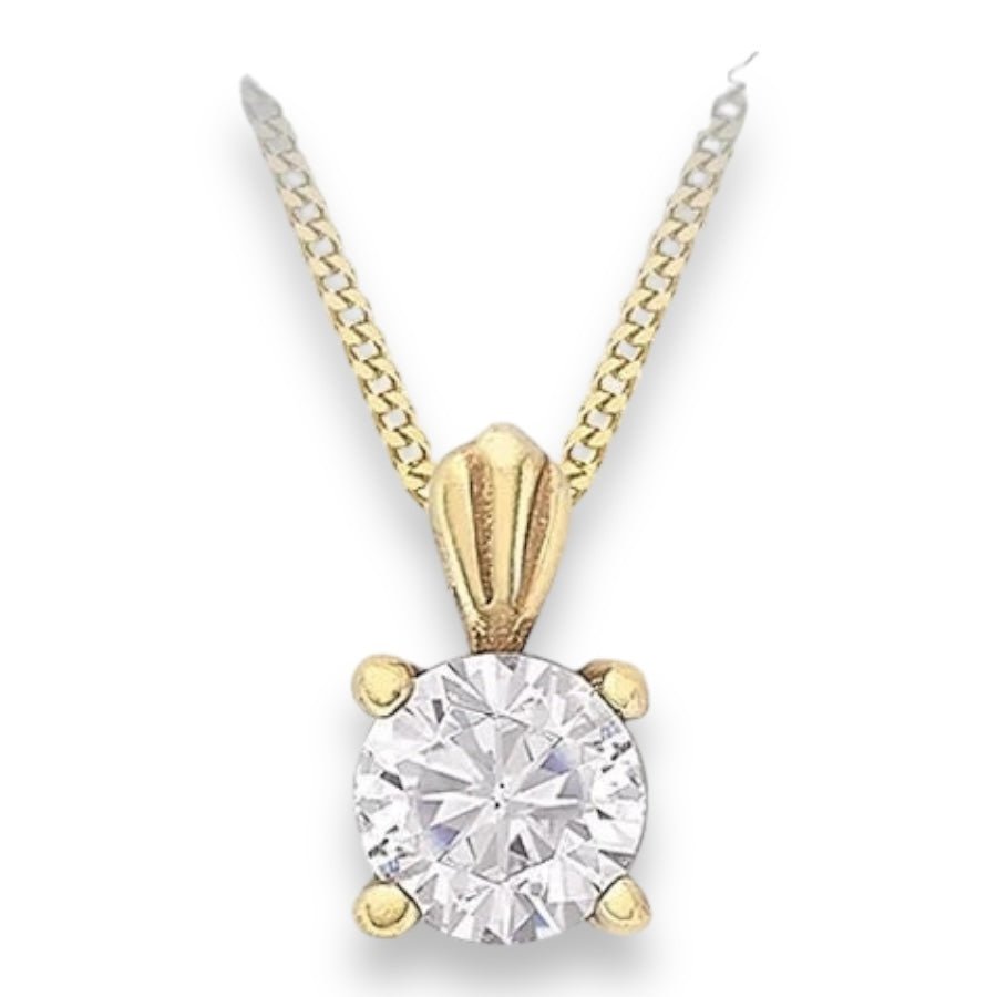 9ct Gold Solitaire Pendant Necklace - Classic 4 Claw Design - 7mm - 16" to 20" Chain Option - Gift Box Included - Samuel Perry