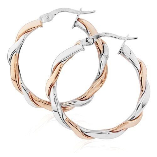 9ct Gold Two-Colour Weaved Round Creole Hoops, Distinctive Artistry, 25mm, 2.00g, Gift box included - Samuel Perry