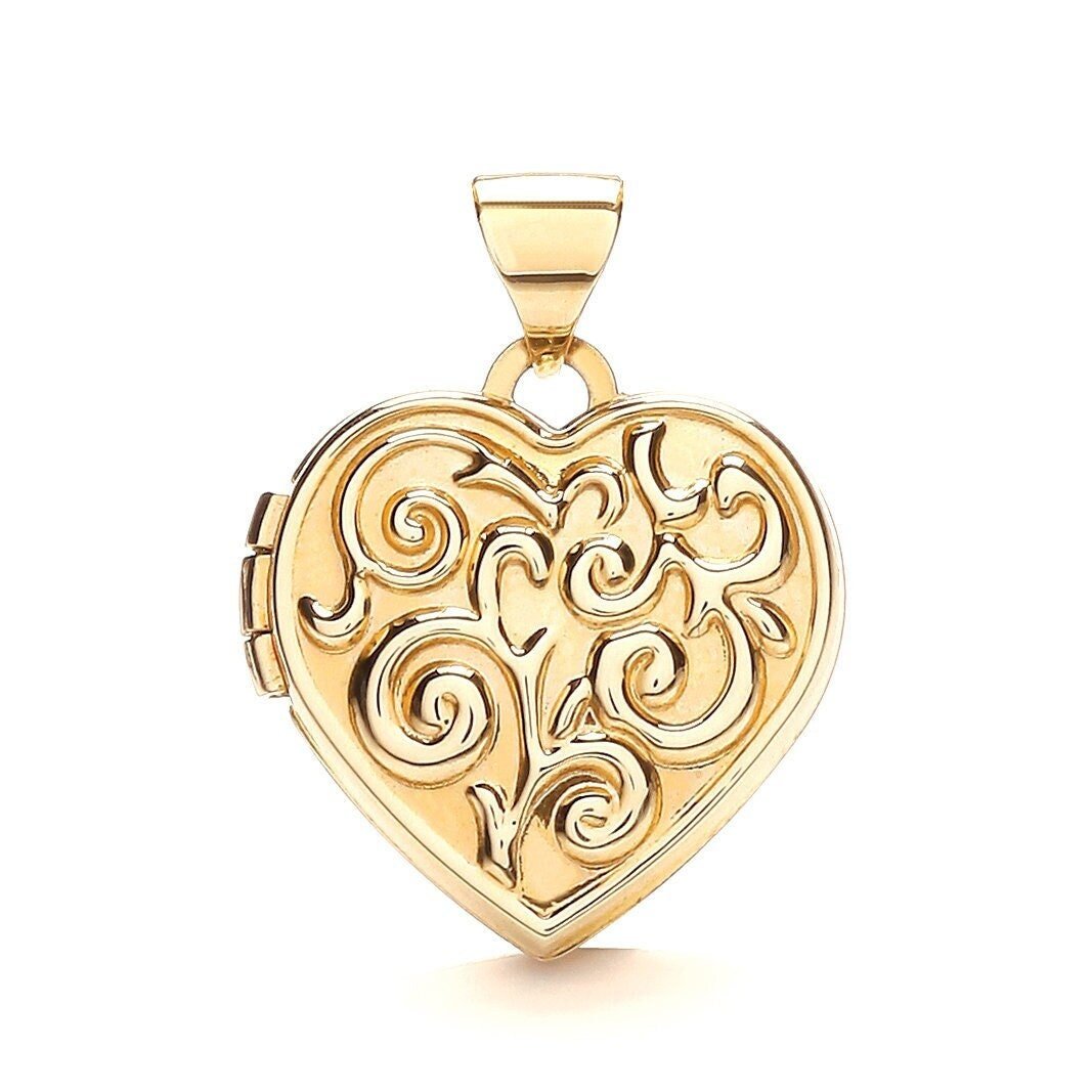 9ct Gold Women's Heart Locket, Hand Engraved Charm, 21mm, Chain Length Options 16" - 20", Gift box included - Samuel Perry