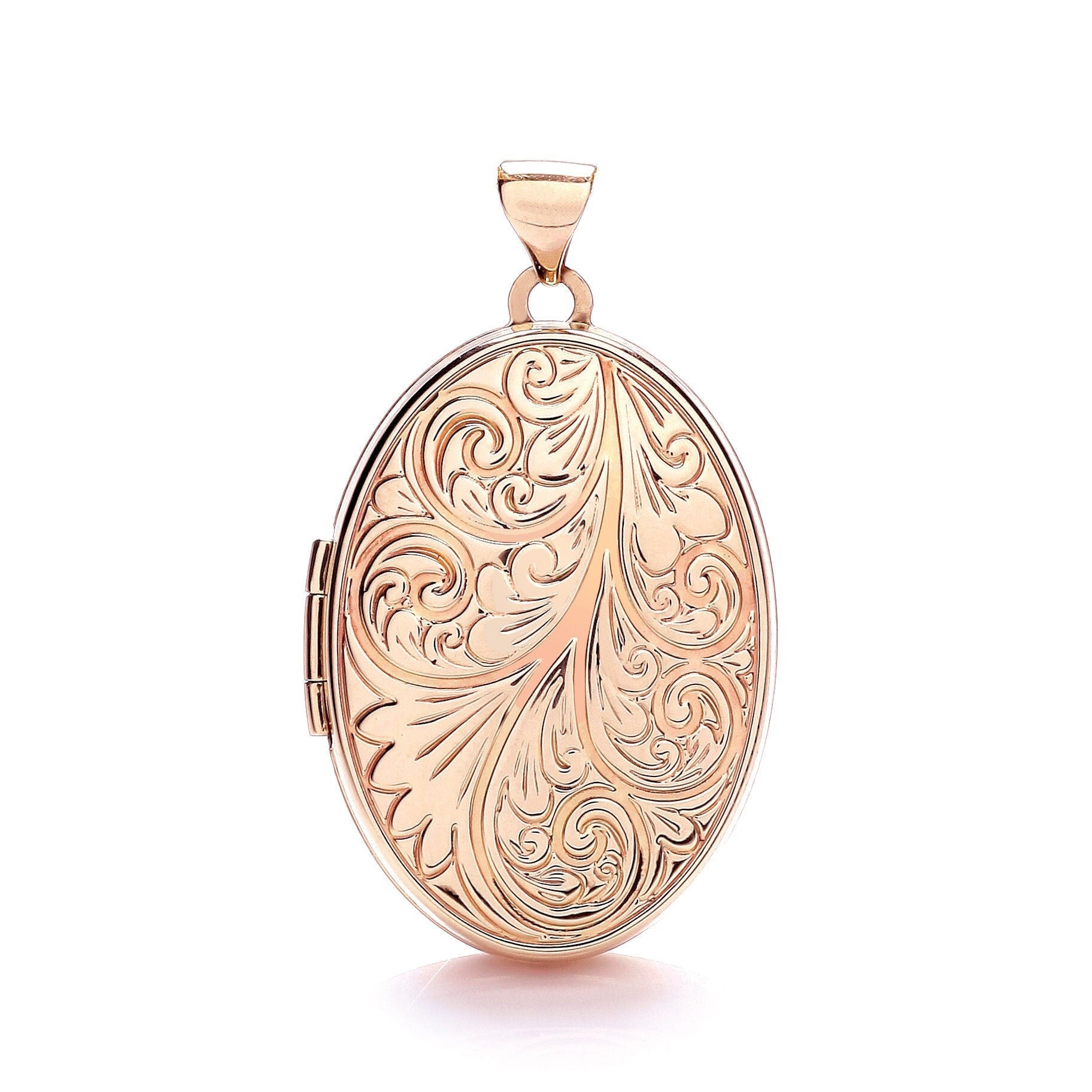 9ct Rose Gold Women's Large Oval Locket, Detailed Hand Engraving, 33mm, Chain Options 16" - 20", Gift box included - Samuel Perry