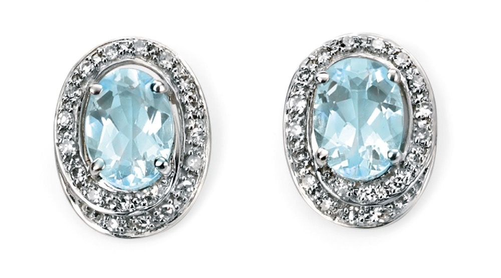9ct White Gold Diamond & Aquamarine Earrings - Samuel Perry