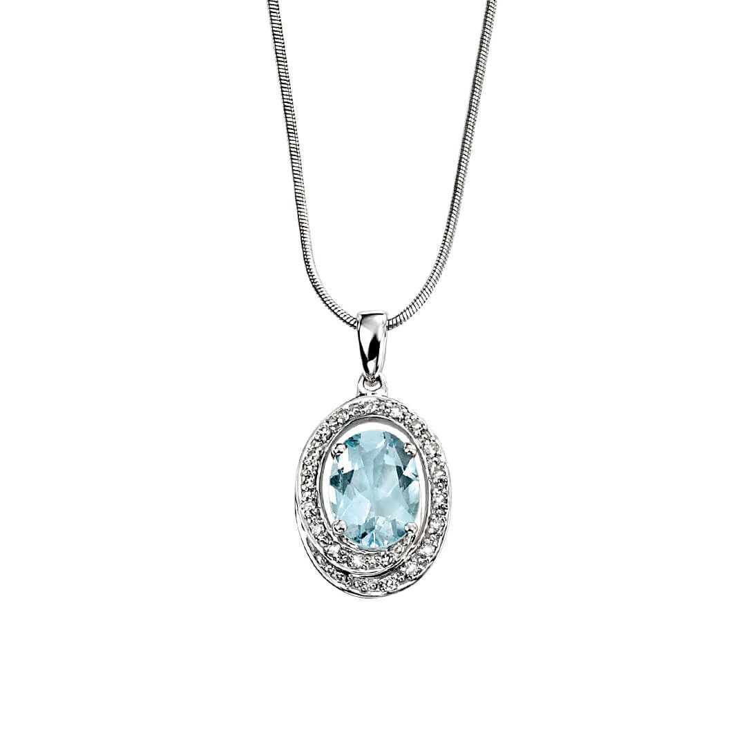 9ct White Gold Diamond & Aquamarine Oval Pendant - Samuel Perry