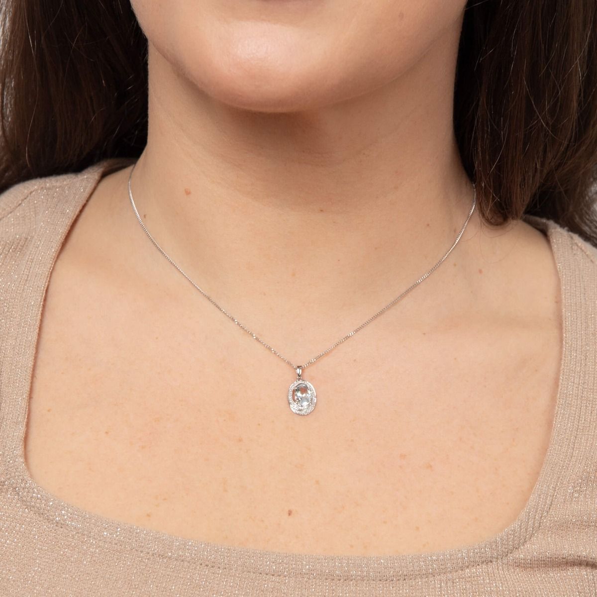 9ct White Gold Diamond & Aquamarine Oval Pendant - Samuel Perry
