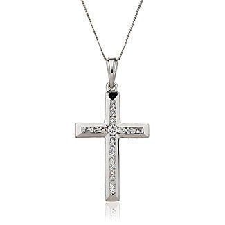 9ct White Gold Diamond Cross Pendant, Channel Set 0.50ct, Faithful Elegance, 33mm, 18" Chain, Gift Box Included - Samuel Perry