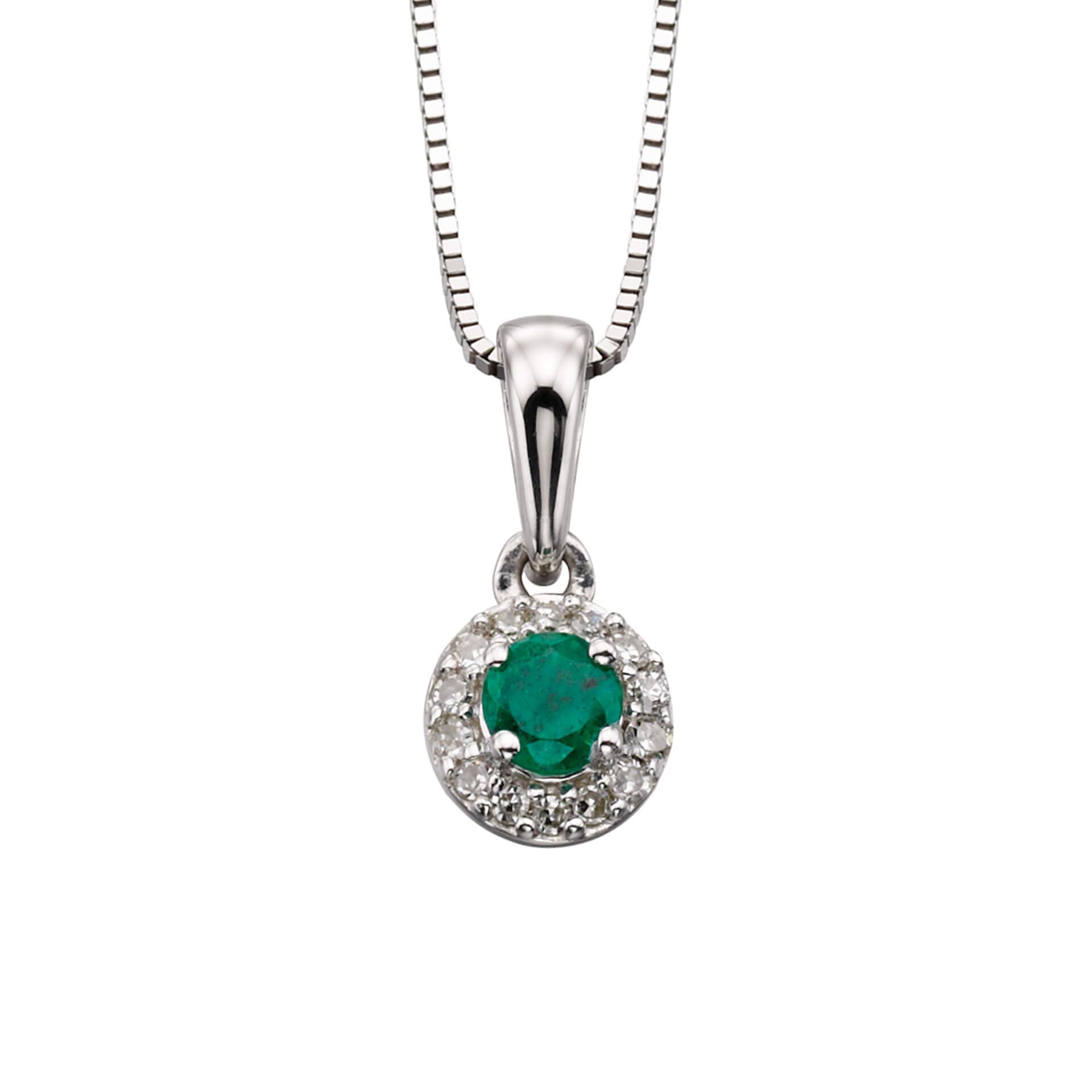 9ct White Gold Diamond & Emerald Round Pendant - Samuel Perry