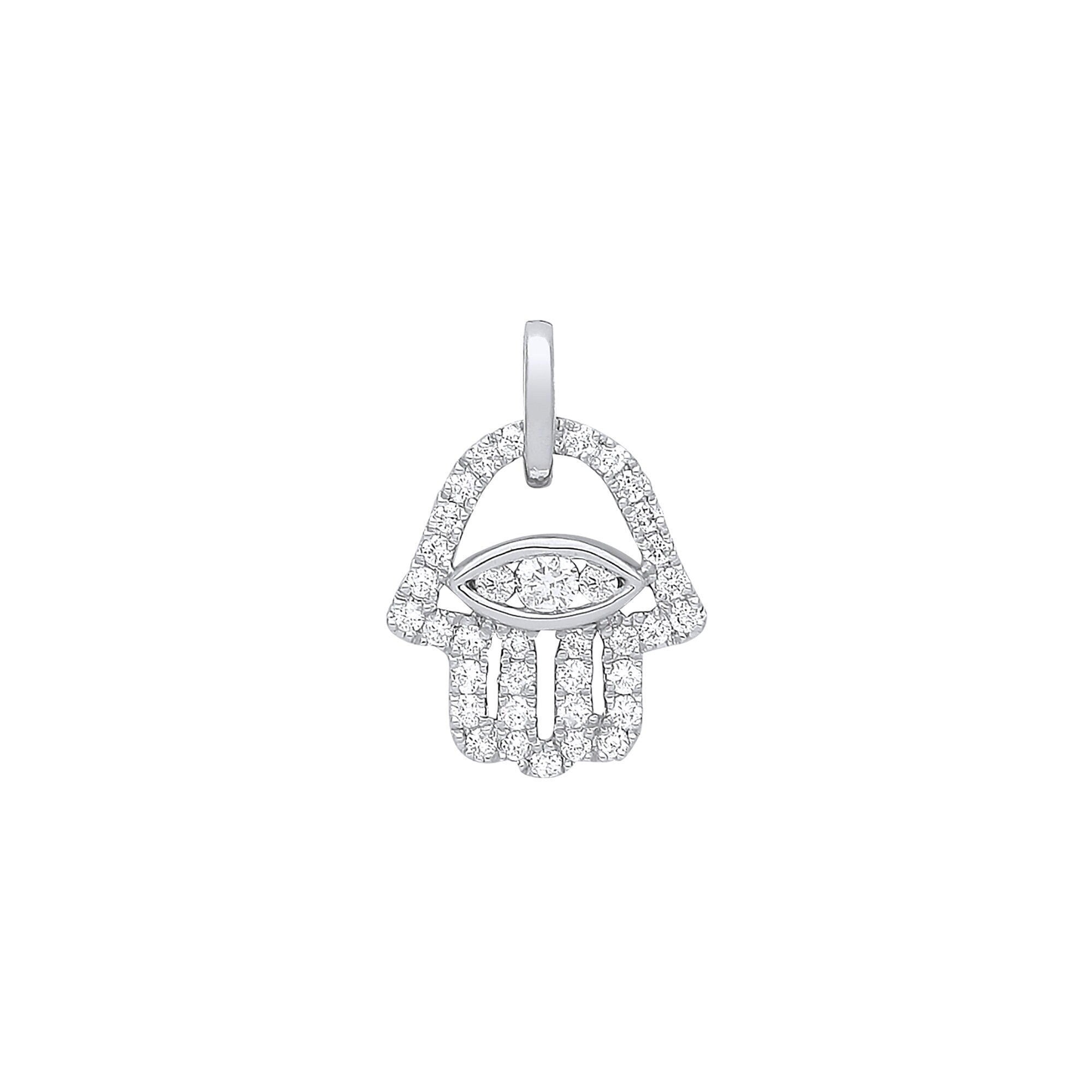 9ct White Gold Diamond Hamsa Necklace, 0.22ct Spiritual Allure, Unisex 16mm Charm, Protection & Fashion, 16-20" Chain, Gift Box Included - Samuel Perry