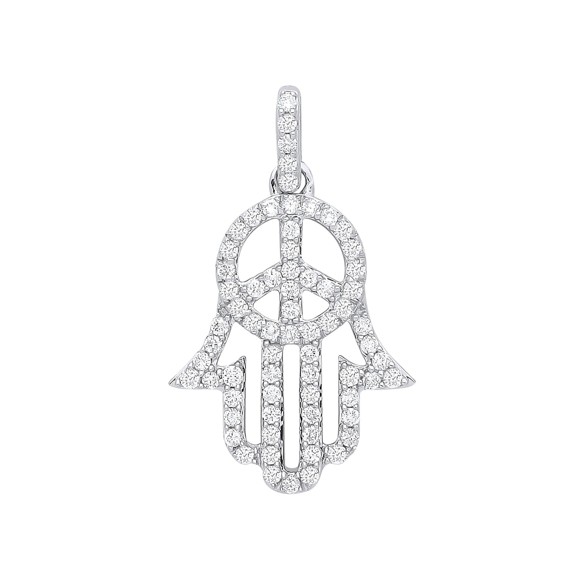 9ct White Gold Diamond Hamsa Pendant, Protective 0.48ct Sparkle, Spiritual 27mm, 16-20" Chain, Gift Box Included - Samuel Perry