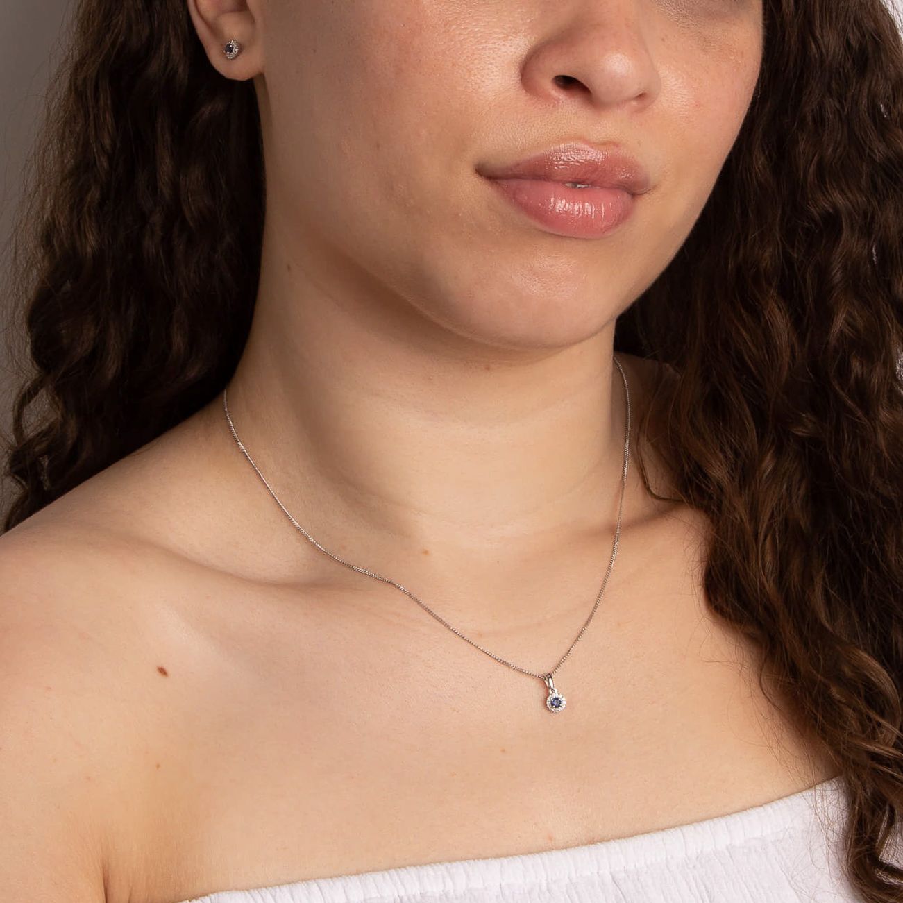9ct White Gold Diamond Sapphire Round Pendant - Samuel Perry
