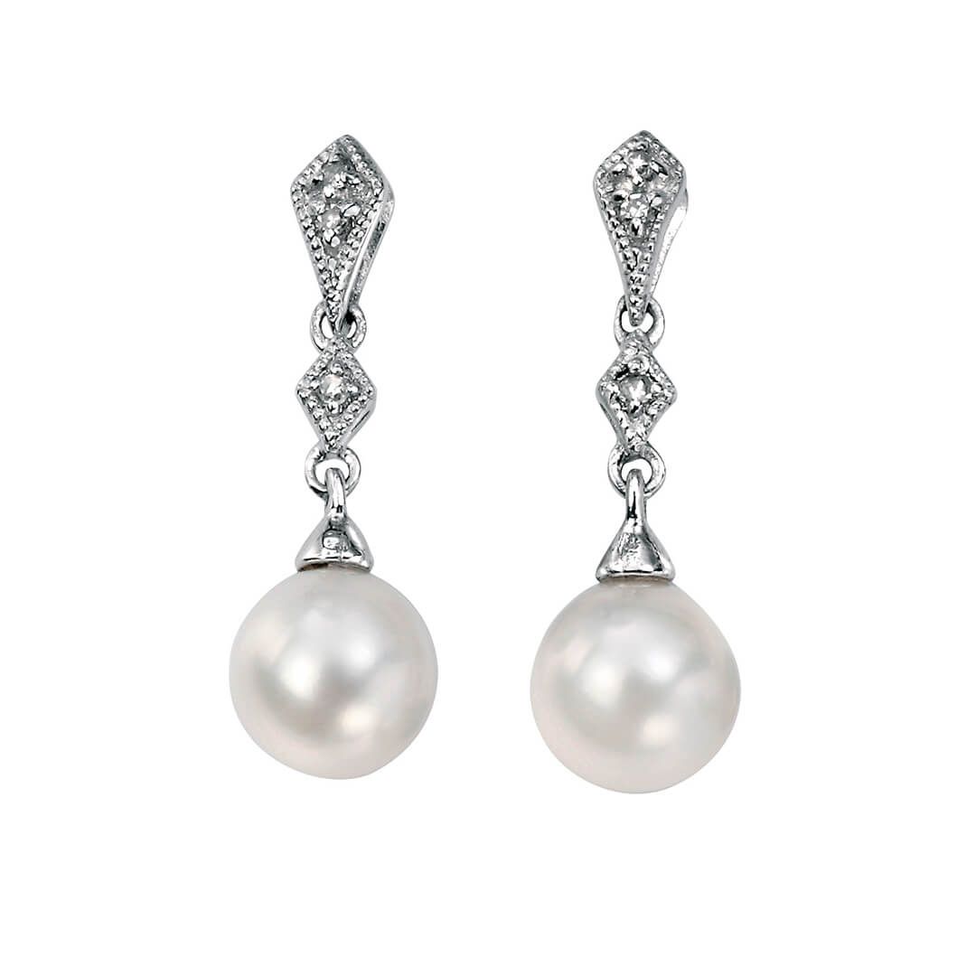9ct White Gold Diamond & White Freshwater Pearl Earrings - Samuel Perry