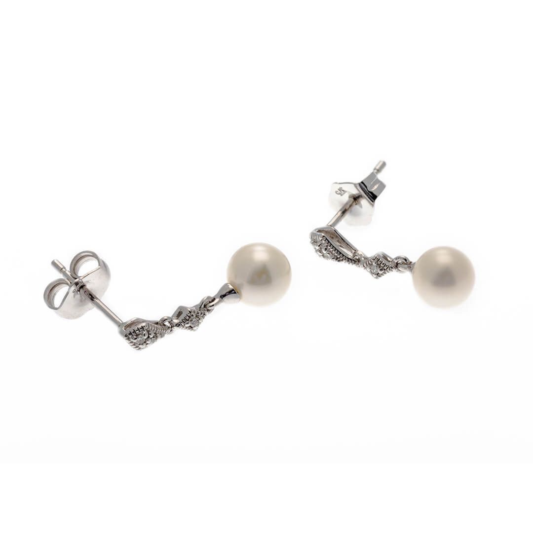 9ct White Gold Diamond & White Freshwater Pearl Earrings - Samuel Perry