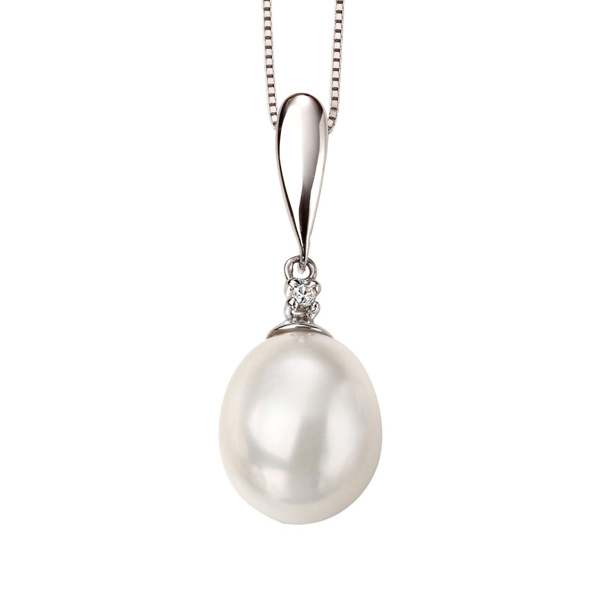 9ct White Gold Diamond & White Freshwater Pearl Pendant - Samuel Perry