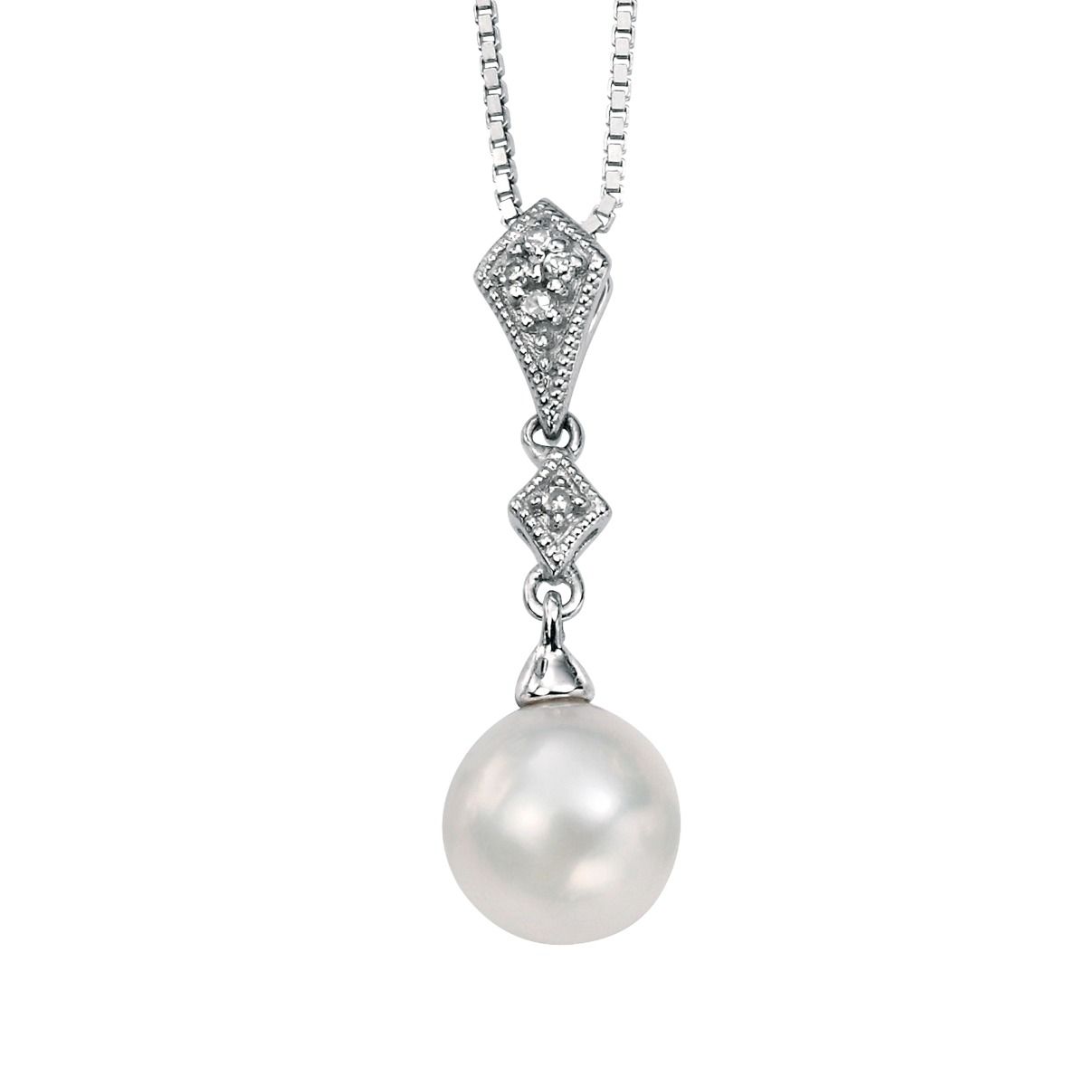 9ct White Gold Diamond & White Freshwater Pearl Pendant - Samuel Perry