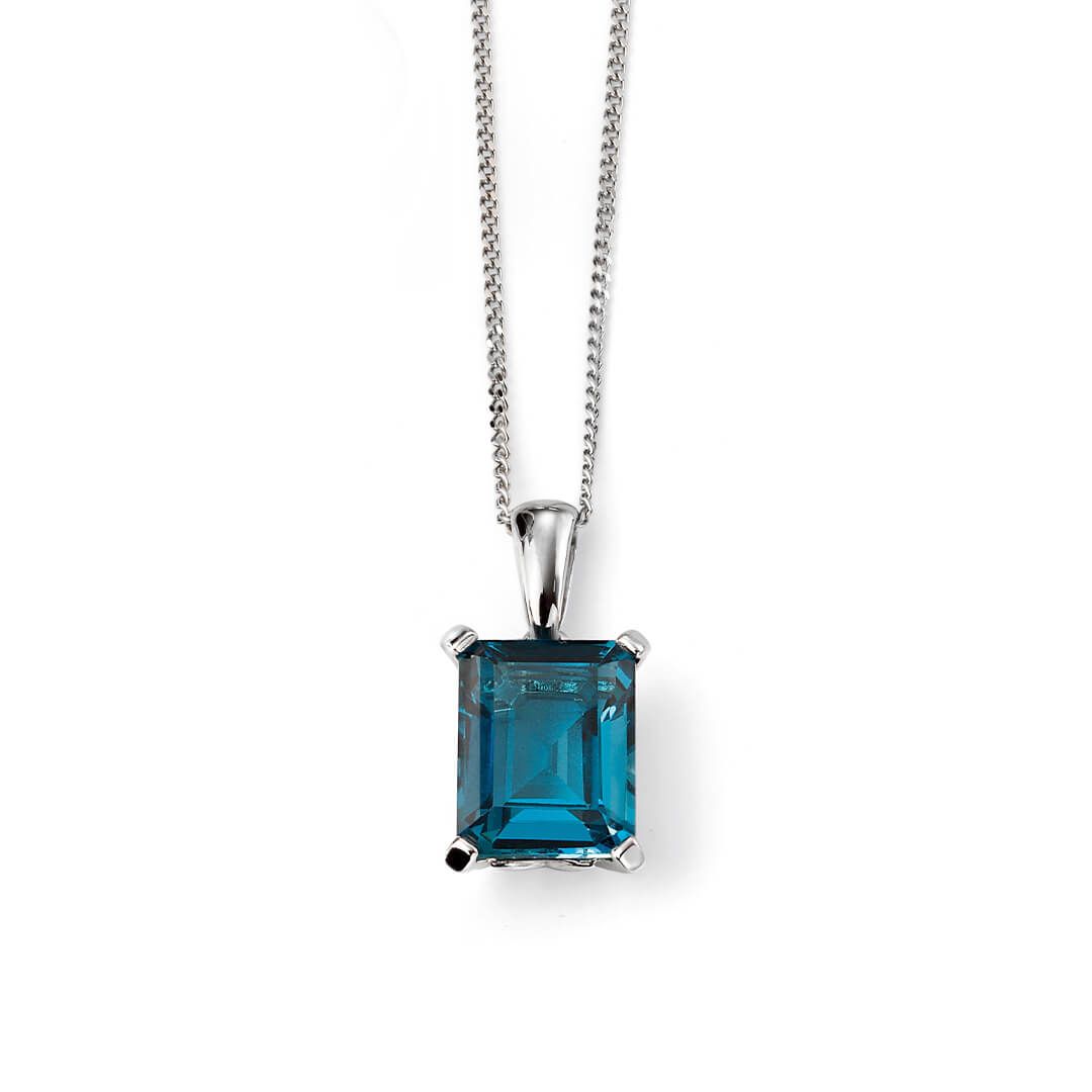 9ct White Gold London Blue Topaz Rectangle Pendant - Samuel Perry