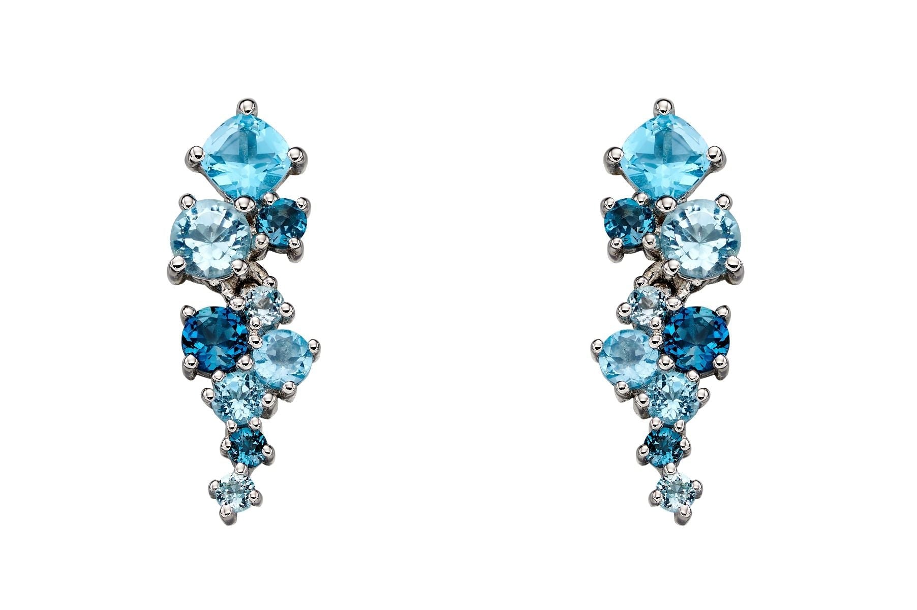 9ct White Gold Multi Blue Topaz Cluster Earrings - Samuel Perry