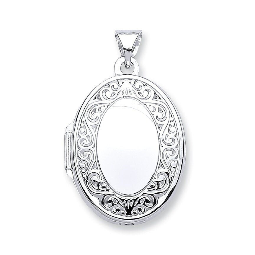 9ct White Gold Women's Oval Locket, Detailed Hand Engraving, 28mm, Chain Options 16" - 20", Gift box included - Samuel Perry