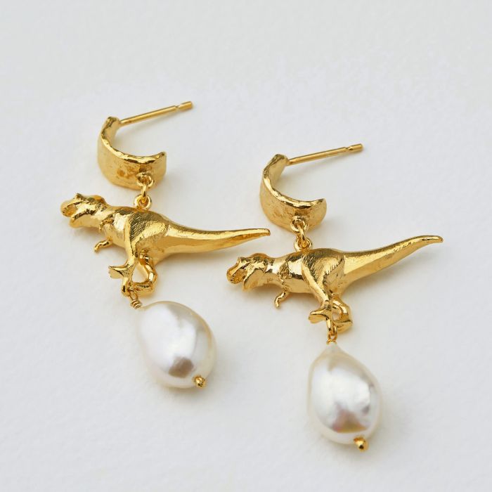 Alex Monroe Sterling Silver GP Bark Huggie Earrings with Tyrannosaurus Rex & Baroque Pearl - Samuel Perry
