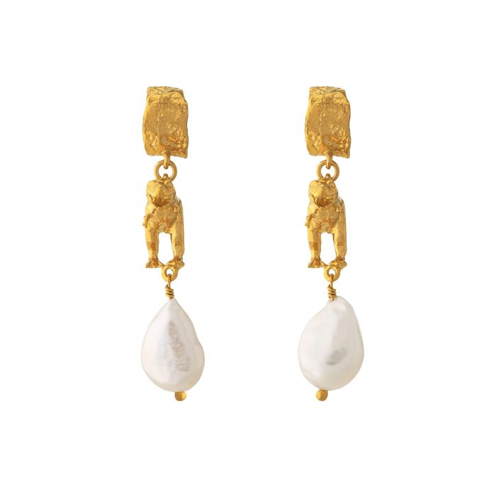 Alex Monroe Sterling Silver GP Bark Huggie Earrings with Tyrannosaurus Rex & Baroque Pearl - Samuel Perry