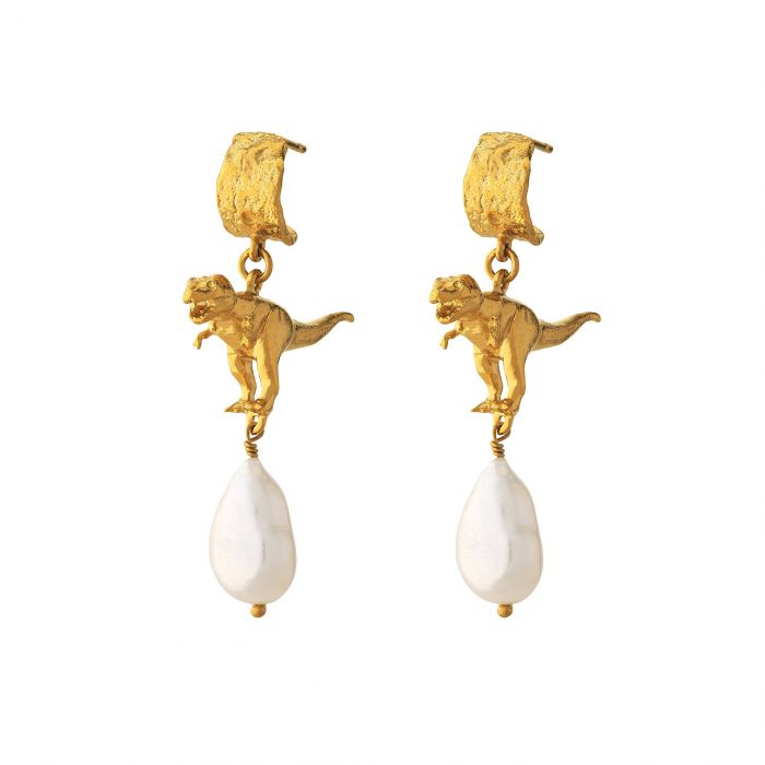 Alex Monroe Sterling Silver GP Bark Huggie Earrings with Tyrannosaurus Rex & Baroque Pearl - Samuel Perry