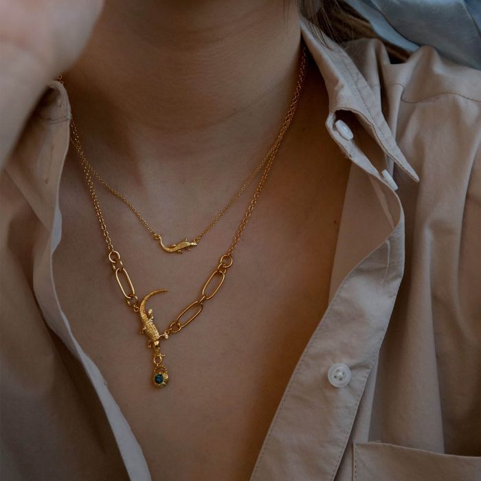 Alex Monroe Sterling Silver GP Crocodile Amulet Linked Chain Necklace - Samuel Perry