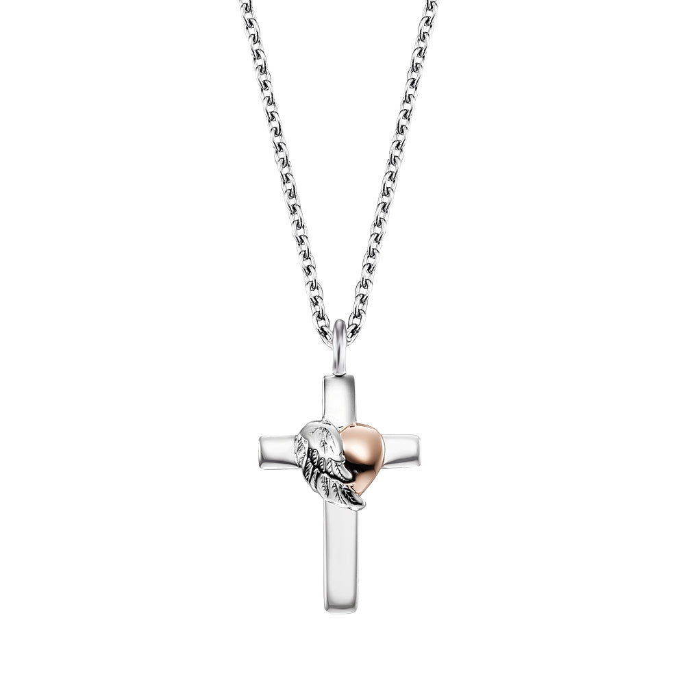 Angel Whisperer Sterling Silver Cross CZ with Heartwing Necklace 18" - Samuel Perry