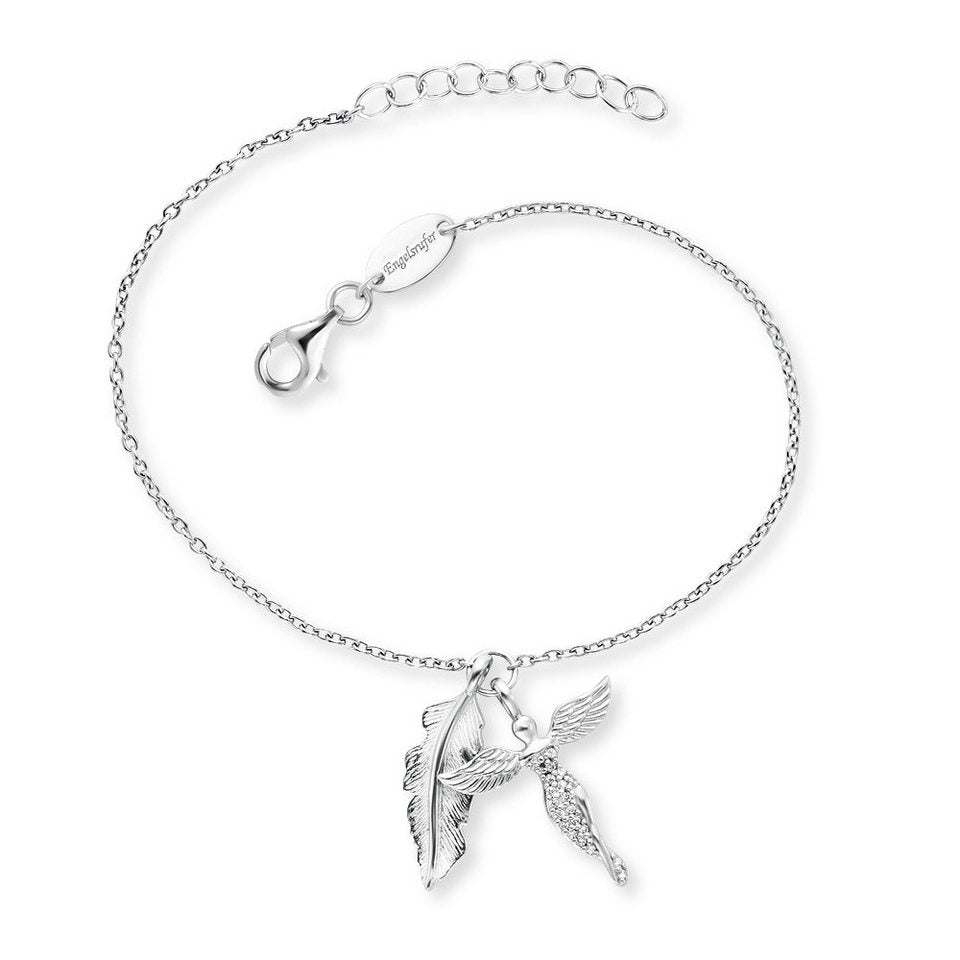 Angel Whisperer Sterling Silver Feather and Angel CZ Bracelet 8" - Samuel Perry